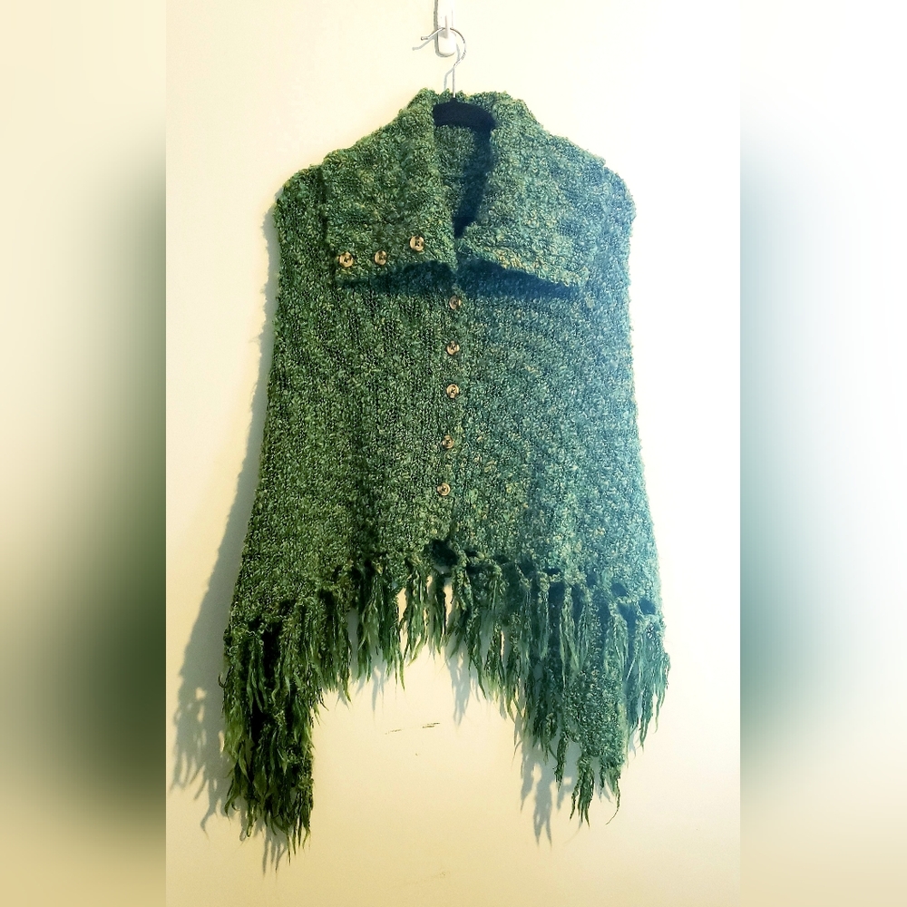 Wool touch poncho -greens-one size